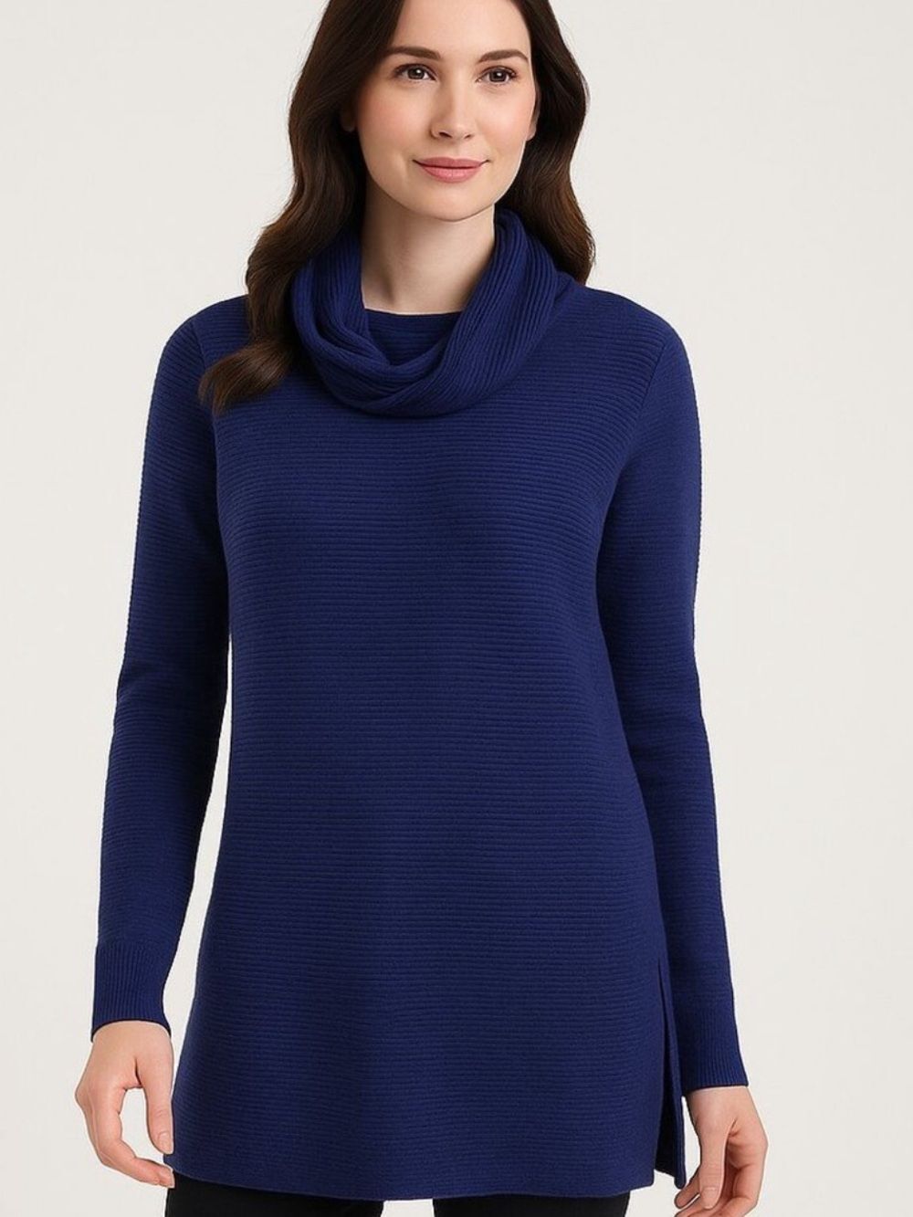 Adrienne Vittadini Cowl Neck Long-Sleeve Tunic Sweater in Naval Heather!